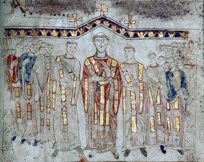 Arte bizantina: "Assemblea del capitolo della Cattedrale di Gaeta composta da vescovi e diaconi" Miniatura tratta da "Exultet" dell
