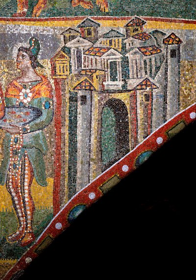 Arte cristiana: "Adorazione dei Magi". Dettaglio del paesaggio. Mosaico del V secolo. Arco trionfale, Basilica di Santa Maria Maggiore, Roma. da Byzantine