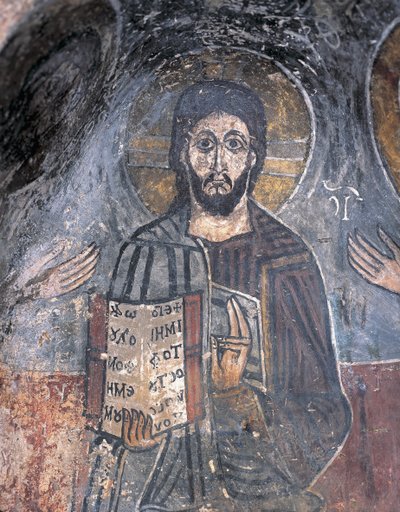 Primo piano di un affresco di un pantocratore, Cristo Pantocratore, Zoupena, Sparta, Peloponneso, Grecia da Byzantine