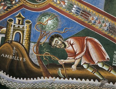 Eldrado che ara il terreno ad Ambilly, Provenza, (dettaglio), dalle Storie della vita di San Eldrado, affreschi romanici in stile bizantino, fine XI secolo, Cappella di San Eldrado e San Nicola, Abbazia di Novalesa, Piemonte, Italia da Byzantine