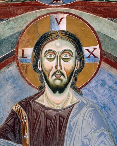 Volto di Cristo Pantocratore, Dettaglio degli affreschi romanici in stile bizantino, fine XI secolo, Cappella di San Eldrado e San Nicola, Abbazia di Novalesa, Piemonte, Italia da Byzantine