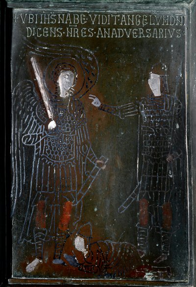 Giosuè incontra un angelo sulla piastrella della porta di bronzo realizzata a Costantinopoli nel 1076. Monte Sant