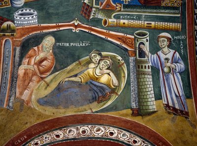 San Nicola salva un ricco mercante caduto in povertà e paga la dote delle sue figlie, dettaglio dalle Storie di San Nicola, affresco romanico, stile bizantino, fine XI secolo, Cappella di Sant
