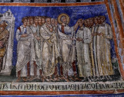 San Paolo impone le mani ai neobattezzati, affresco bizantino nel transetto della Tokali Kilise (Chiesa della Fibbia) (XII-XIII secolo), Goreme (Lista del Patrimonio Mondiale dell
