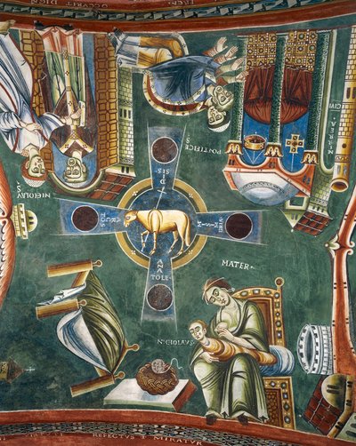 Storie della vita di San Nicola, Dettaglio degli affreschi romanici in stile bizantino, fine XI secolo, Cappella di San Eldrado e San Nicola, Abbazia di Novalesa, Piemonte, Italia da Byzantine