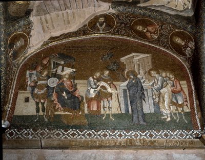 Il censimento, Maria e Giuseppe davanti a Erode il Grande (Mosaico del 1310-1320) da Byzantine