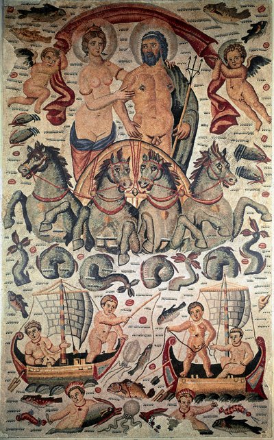 Arte bizantina: Trionfo di Nettuno e Anfitrite. Nettuno e Anfitrite nudi su un carro trainato da quattro cavalli marini. Mosaico del III secolo. Dim: 3,1x1,96m. Museo del Louvre, Parigi da Byzantine Byzantine