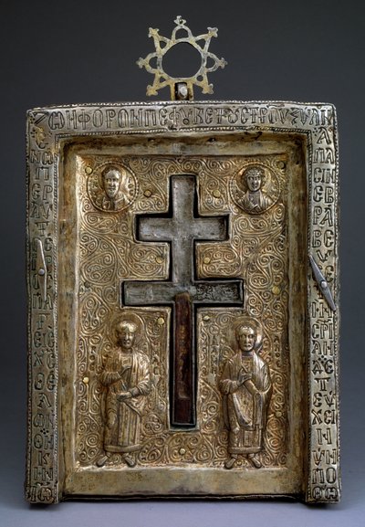 Reliquiario a croce in argento dorato, bizantino, XII secolo da Byzantine Byzantine