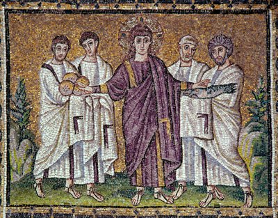 Arte bizantina: La moltiplicazione dei pani e dei pesci. Mosaico del VI secolo. Basilica di Sant