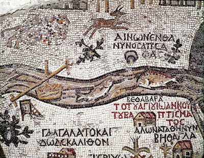 Arte bizantina: la mappa più antica della Palestina. Dettaglio che raffigura il fiume Giordano e la sua foce nel Mar Morto. Mosaico del VI secolo. Madaba, Chiesa di San Giorgio da Byzantine School