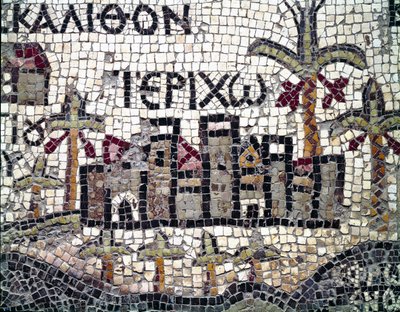 Arte bizantina: la mappa più antica della Palestina. Dettaglio che rappresenta la città di Gerico. Mosaico del VI secolo. Madaba, Chiesa di San Giorgio da Byzantine School