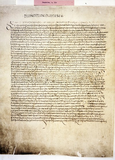 CORPUS JURIS CIVILIS: Una pagina del Codex Iustinianus, Digestum., VI secolo (manoscritto) da Byzantine School