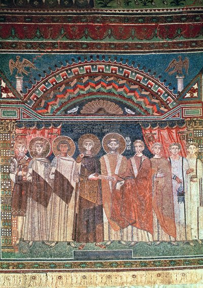 Costantino IV (654-85) concede privilegi al vescovo Reparato per la chiesa di Ravenna, 671-77 (mosaico) da Byzantine School