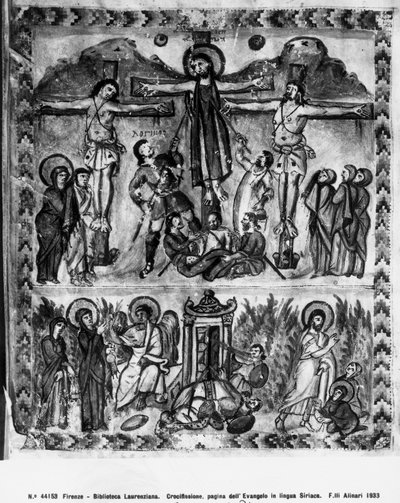 Crocifissione e la Resurrezione, dai Vangeli di Rabula, 586 d.C. da Byzantine School