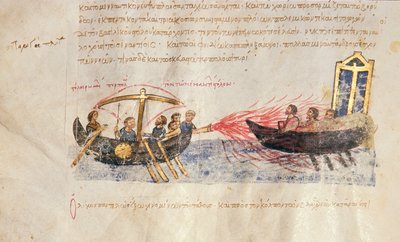 Fuoco greco, Fol. 34v dal Madrid Skylitzes da Byzantine School