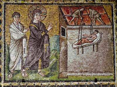 Gesù guarisce miracolosamente un paralitico a Cafarnao. Mosaico del VI secolo. Basilica di Sant