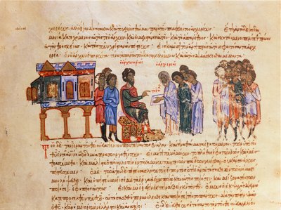 MMS Vitr 26-7 Ambasciatore di Kiev inviato dal re Vladimir (978-1015) viene informato sul cristianesimo da un vescovo bizantino, dal Madrid Skylitzes da Byzantine School