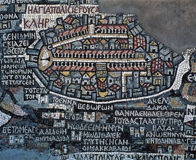 Mappa a mosaico di Madaba (Mappa di Terra Santa), 560, mosaico della Basilica greco-ortodossa di San Giorgio, Madaba, Giordania, civiltà bizantina, VI secolo (mosaico) da Byzantine School