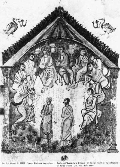Gli apostoli riuniti per la sostituzione di Giuda con Mattia, foglio dai Vangeli di Rabula, 586 d.C. da Byzantine School