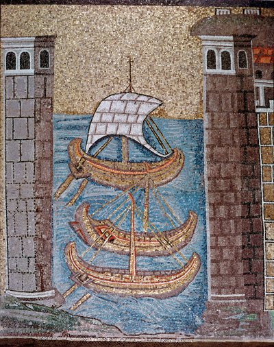 Vista delle barche nel porto di Classe (dettaglio di mosaici, VI secolo) da Byzantine School