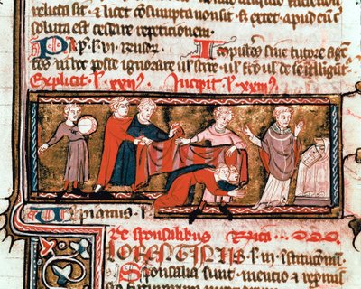Scena di matrimonio, gli sposi sono coperti da un panno, simbolo della loro unione. Miniatura tratta dal Codice di Giustiniano, una raccolta di leggi e istituzioni redatta sotto l