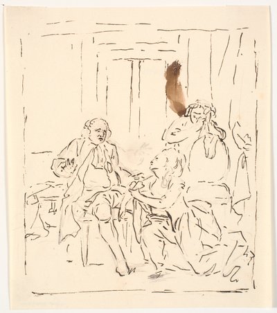 Una donna inginocchiata davanti a un uomo seduto. Sullo sfondo una donna che piange, appoggiata a una sedia. Scena teatrale? da C.A. Lorentzen