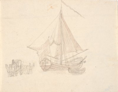 Una nave con vela e bandiera e una scialuppa. A sinistra due carri trainati da cavalli da C.A. Lorentzen