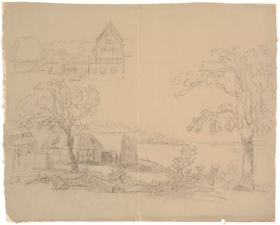 Paesaggio con fattoria vicino a un lago. A sinistra una fattoria da C.A. Lorentzen