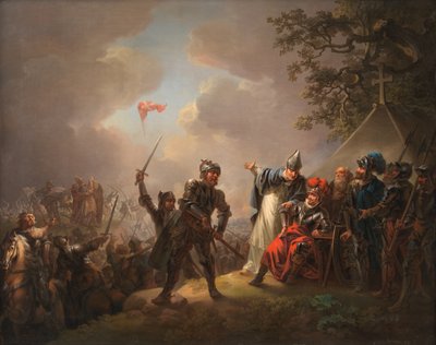 La leggenda della bandiera danese (il Dannebrog) che cade dal cielo durante la battaglia di Lyndanise (Tallin) in Estonia nel 1219 da C.A. Lorentzen