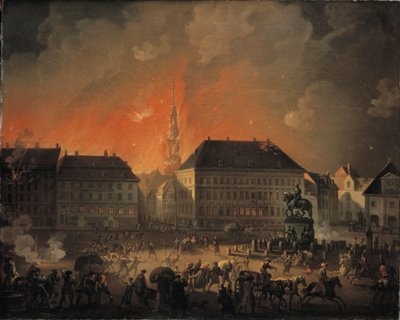 La notte più terribile. Vista di Kongens Nytorv a Copenaghen durante il bombardamento inglese di Copenaghen nella notte tra il 4 e il 5 settembre 1807 da C.A. Lorentzen