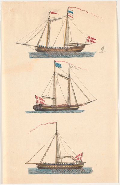 Tre Navi da Guerra con Bandiere Danesi. Åredrevne da C.A. Lorentzen