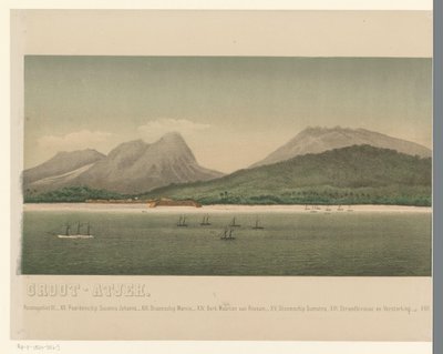 Vista sulla costa di Groot-Atjeh, con la flotta della Prima spedizione di Atjeh da C.A. Whitten