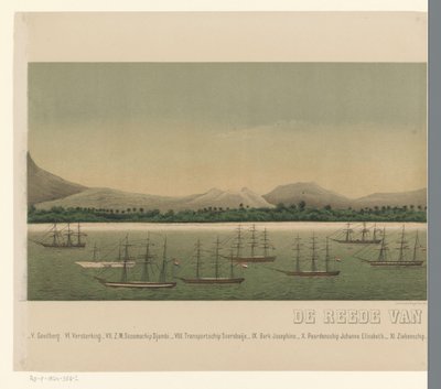 Vista sulla costa di Grande Aceh, con la flotta della Prima Spedizione di Aceh da C.A. Whitten