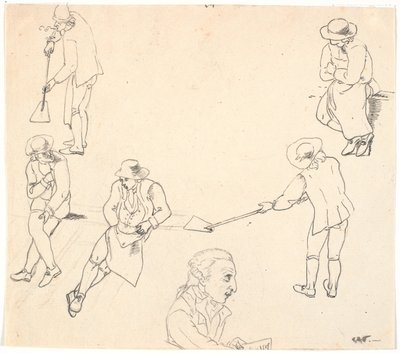 Schizzo con sei figure maschili, due con pale, tre seduti, e un profilo maschile da C.D. Fritzsch