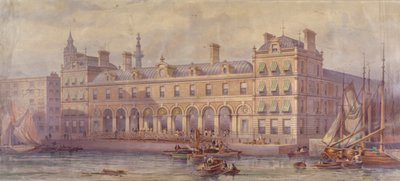 Veduta del mercato di Billingsgate con figure e barche in primo piano, Londra, 1877 da CF Kell