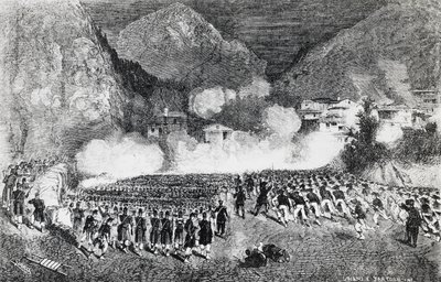 Divisione del generale Giacomo Medici che attacca Levico Terme, Trentino-Alto Adige, luglio 1866, Terza Guerra di Indipendenza, incisione, Italia da J.B. and Brown J. Rowbotham