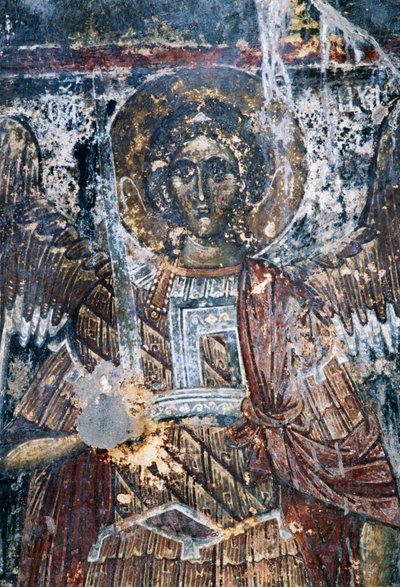 Cavallo, affresco danneggiato sul soffitto della chiesa di Agios Vasileios, Vavouledo, Creta, Grecia (foto) da J.B. and Brown J. Rowbotham