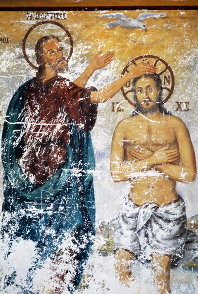 Gesù battezzato da San Giovanni, affresco nella chiesa del monastero di San Giovanni Teologo (Lista del Patrimonio Mondiale dell