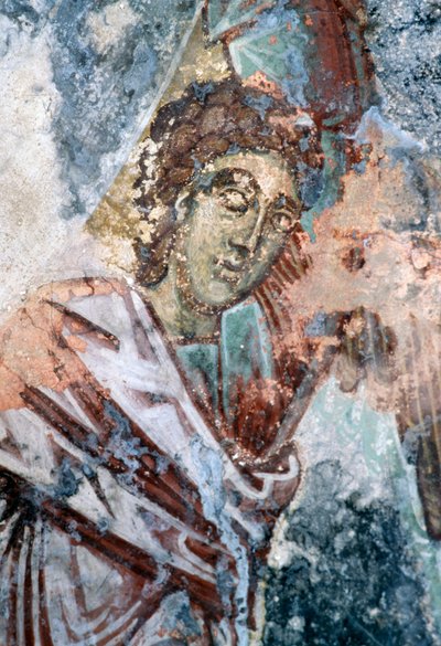 Figura maschile, affresco danneggiato sul soffitto della chiesa di Agios Vasileios, Vavouledo, Creta, Grecia (foto) da J.B. and Brown J. Rowbotham