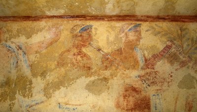 Musicisti, affresco, dettaglio, Tomba dei Demoni Azzurri, Necropoli di Tarquinia (Lista del Patrimonio Mondiale dell