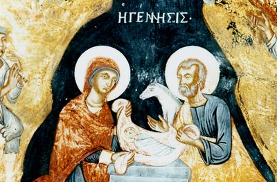 Affresco della Natività nel monastero di Mikro Sotiris, isola di Symi, Grecia (foto) da J.B. and Brown J. Rowbotham
