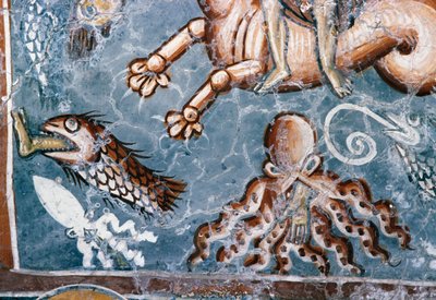 Creature marine, dettaglio di un affresco nella chiesa di Agios Georgios, Mourne, Creta, Grecia (foto) da J.B. and Brown J. Rowbotham