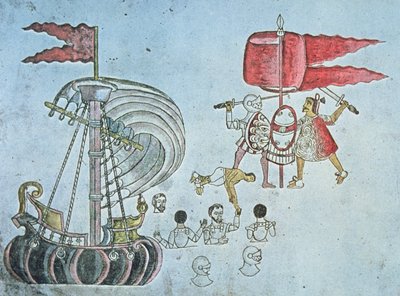 Soldati spagnoli di Hernan Cortes sbarcano nel 1519 per combattere gli Aztechi, copiato dal Codice Azcatitlan, c.1550 da J.B. and Brown J. Rowbotham