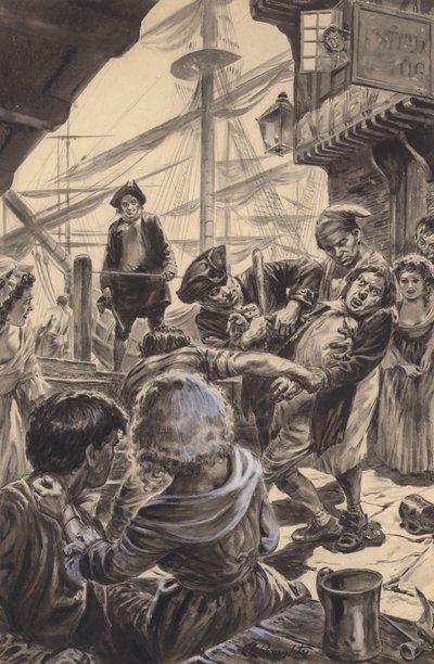 Una banda di giornalisti mette al sicuro la sua vittima (gouache su carta) da C.L. Doughty
