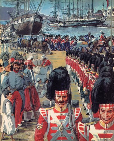 Truppe britanniche in arrivo a Malta sulla strada per la Crimea (litografia a colori) da C.L. Doughty