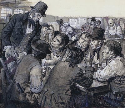 Il colonnello Despard recluta malcontenti politici nei loschi ritrovi della malavita londinese (gouache su carta) da C.L. Doughty
