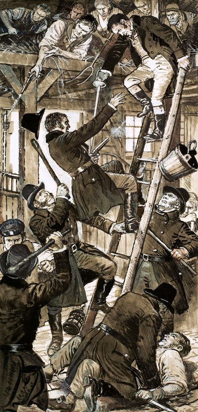 Incontro tra gli ufficiali di Bow Street e i cospiratori di Cato Street il 23 febbraio 1820 (gouache su carta) da C.L. Doughty