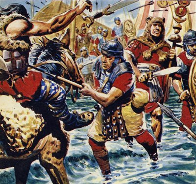 Infiammate dal coraggio del portabandiera, le altre legioni romane si fanno coraggio (litografia a colori) da C.L. Doughty