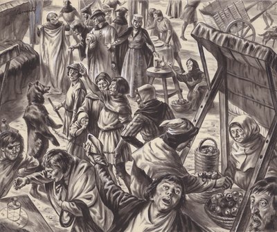Mercanti in una fiera medievale (gouache su carta) da C.L. Doughty