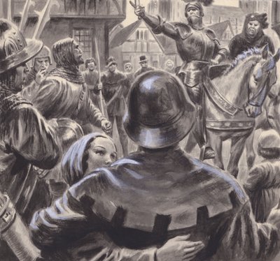 Nobili in lite reclutano eserciti tra gli ex-servizi disoccupati che affluiscono in Inghilterra dopo la fine della Guerra dei Cento Anni nel 1453 (gouache su carta) da C.L. Doughty